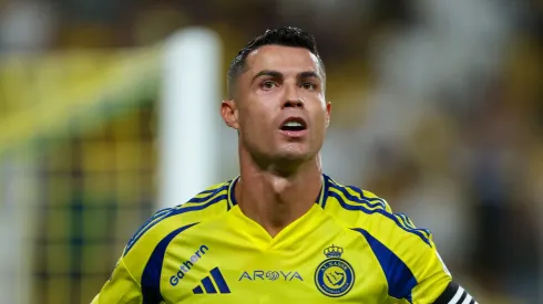 Cristiano Ronaldo of Al Nassr celebrating after scores the 1st goal during the Saudi Pro League match between Al Nassr and Al Raed at Al Awwal Park Stadium on August 22, 2024 in Riyadh, Saudi Arabia. 
