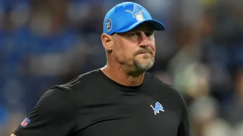 Head coach Dan Campbell looks on during warmups prior to their game against the Los Angeles Rams at Ford Field on September 08, 2024 in Detroit, Michigan
