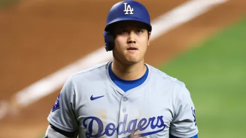 : Shohei Ohtani #17 of the Los Angeles Dodgers reacts after striking out against the Miami Marlins during the eighth inning of the game at loanDepot park on September 18, 2024 in Miami, Florida.