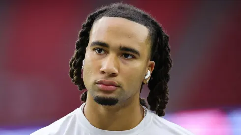 C.J. Stroud #7 of the Houston Texans warms-up prior to a game against the Chicago Bears at NRG Stadium on September 15, 2024 in Houston, Texas.
