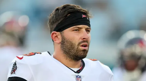 Baker Mayfield #6 of the Tampa Bay Buccaneers warms up against the Jacksonville Jaguars during a preseason game at EverBank Field on August 17, 2024 in Jacksonville, Florida.
