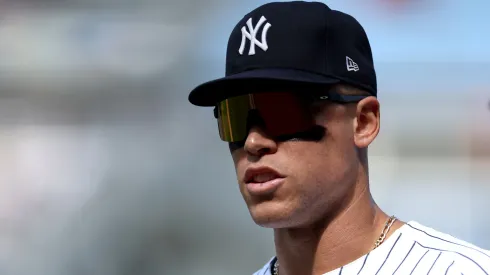 Aaron Judge #99 of the New York Yankees looks on against the Boston Red Sox at Yankee Stadium on September 15, 2024 in the Bronx borough of New York City.