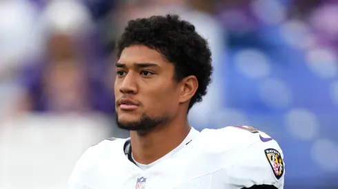 Kyle Hamilton #14 of the Baltimore Ravens looks on during warm ups prior to a NFL preseason football game against the Baltimore Ravens at the M&T Bank Stadium on August 17, 2024 in Baltimore, Maryland. 
