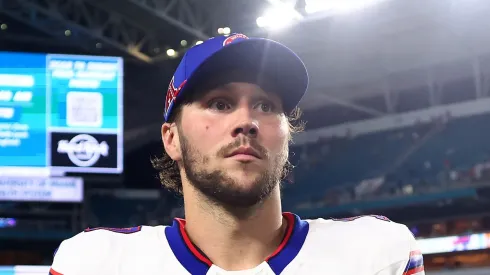 Josh Allen #17 of the Buffalo Bills walks off the field after defeating the Miami Dolphins in the game at Hard Rock Stadium on September 12, 2024 in Miami Gardens, Florida.
