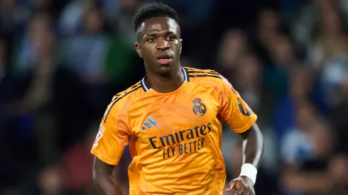 Vinicius Junior of Real Madrid reacts during the LaLiga match between Real Sociedad and Real Madrid
