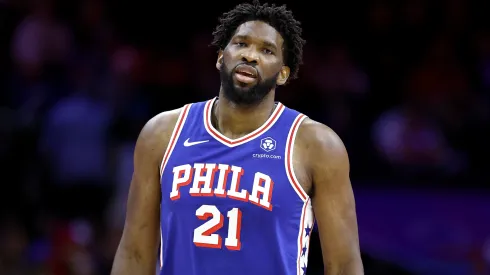 Joel Embiid #21 of the Philadelphia 76ers looks on during the first quarter against the Washington Wizards
