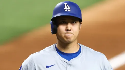 Shohei Ohtani #17 of the Los Angeles Dodgers reacts after striking out against the Miami Marlins during the eighth inning of the game at loanDepot park.
