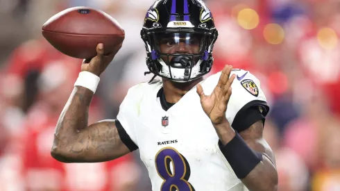 Quarterback Lamar Jackson #8 of the Baltimore Ravens passes against the Kansas City Chiefs during the third quarter at GEHA Field at Arrowhead Stadium on September 05, 2024 in Kansas City, Missouri.
