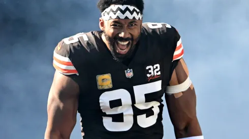 Myles Garrett #95 of the Cleveland Browns is introduced before the game against the Pittsburgh Steelers at Cleveland Browns Stadium on November 19, 2023 in Cleveland, Ohio.
