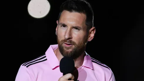 Lionel Messi #10 of Inter Miami CF speaks during the Ballon d'Or trophy presentation at DRV PNK Stadium on November 10, 2023 in Fort Lauderdale, Florida.