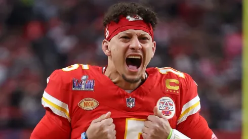 Patrick Mahomes #15 of the Kansas City Chiefs reacts prior to Super Bowl LVIII against the San Francisco 49ers at Allegiant Stadium on February 11, 2024 in Las Vegas, Nevada. 
