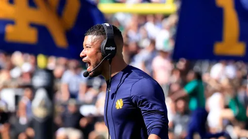 Head coach Marcus Freeman of the Notre Dame Fighting Irish reacts after a touchdown during the first half against the Purdue Boilermakers at Ross-Ade Stadium on September 14, 2024 in West Lafayette, Indiana.
