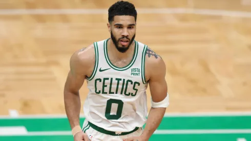 Jayson Tatum #0 of the Boston Celtics reacts during the third quarter against the Indiana Pacers
