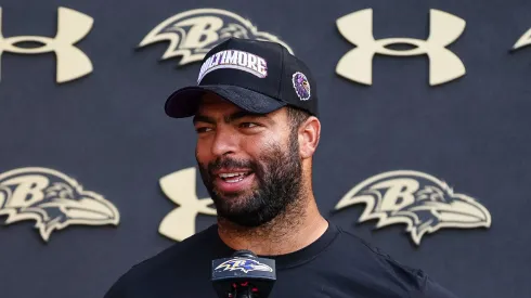 Kyle Van Noy #53 of the Baltimore Ravens addresses the media during training camp at Under Armour Performance Center Baltimore Ravens on August 12, 2024 in Owings Mills, Maryland.
