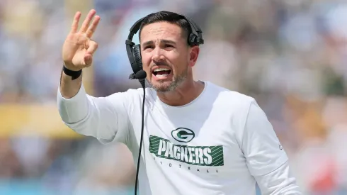 Matt LaFleur, head coach of the Green Bay Packers, reacts against the Tennessee Titans during the second quarter at Nissan Stadium on September 22, 2024 in Nashville, Tennessee.
