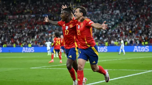 Mikel Oyarzabal of Spain celebrates scoring his team's second goal with teammate Nico Williams during the UEFA EURO 2024 final
