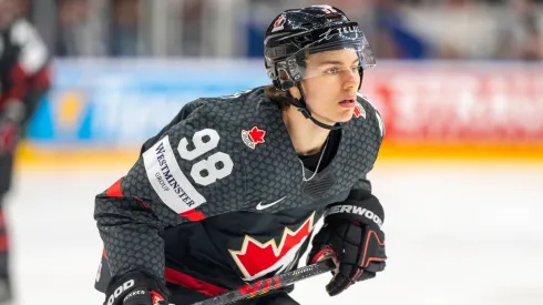 Team Canada with captain Connor Bedard, Nr. 16 sad after the match FINLAND - CANADA 6-5 (OT) IIHF U18 JUNIOR Ice hockey, Eishockey WORLD CHAMPIONSHIPS quarter final in Kaufbeuren, Germany.