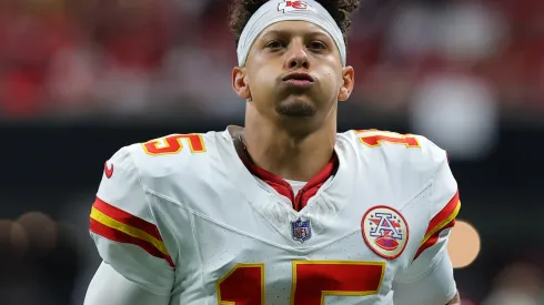 Patrick Mahomes #15 of the Kansas City Chiefs reacts prior to the game against the Atlanta Falcons at Mercedes-Benz Stadium on September 22, 2024 in Atlanta, Georgia.