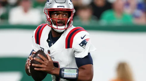 Jacoby Brissett #7 of the New England Patriots in action during the game against the New York Jets at MetLife Stadium on September 19, 2024 in East Rutherford, New Jersey.
