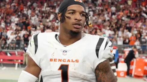 Ja'Marr Chase #1 of the Cincinnati Bengals looks on following the game against the Arizona Cardinals at State Farm Stadium on October 08, 2023 in Glendale, Arizona.
