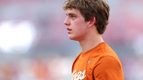 Arch Manning #16 of the Texas Longhorns looks on prior to a game against the Alabama Crimson Tide at Bryant-Denny Stadium on September 09, 2023 in Tuscaloosa, Alabama.
