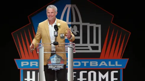 Brett Favre during his Hall of Fame induction