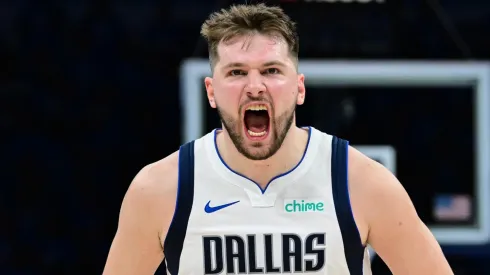 Luka Doncic #77 of the Dallas Mavericks reacts during the fourth quarter against the Oklahoma City Thunder in Game Two of the Western Conference Second Round Playoffs at Paycom Center.
