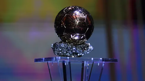 The Ballon d'Or Trophy presented during the The Ballon d'Or ceremony at Theatre du Chatelet on November 29, 2021 in Paris, France.
