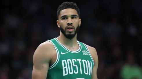 Jayson Tatum #0 of the Boston Celtics looks on against the Washington Wizards
