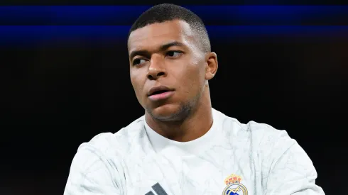 Kylian Mbappé of Real Madrid looks on during the LaLiga match between Real Madrid CF and RCD Espanyol de Barcelona at Estadio Santiago Bernabeu.