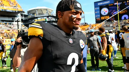 Quarterback Justin Fields #2 of the Pittsburgh Steelers walks off the field after defeating the Los Angeles Chargers at Acrisure Stadium on September 22, 2024 in Pittsburgh, Pennsylvania.
