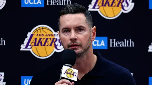  Head coach JJ Redick of the Los Angeles Lakers speaks with the media during a press conference at UCLA Health Training Center on September 25, 2024 in El Segundo, California.
