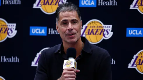 General Manager Rob Pelinka of the Los Angeles Lakers speaks with the media during a press conference at UCLA Health Training Center on September 25, 2024 in El Segundo, California.
