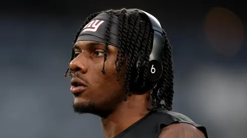 Malik Nabers #1 of the New York Giants warms up prior to the game against the Dallas Cowboys at MetLife Stadium on September 26, 2024 in East Rutherford, New Jersey. (Photo by Luke Hales/Getty Images)
