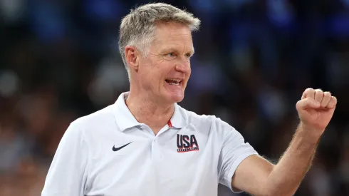 Head coach Steve Kerr of Team United States reacts during a Men's basketball quarterfinal game between Team United States and Team Brazil on day eleven of the Olympic Games Paris 2024 at Bercy Arena on August 06, 2024 in Paris, France. 
