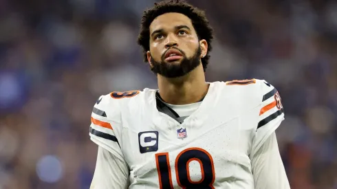 Quarterback Caleb Williams #18 of the Chicago Bears looks on against the Indianapolis Colts during the second half of the game at Lucas Oil Stadium on September 22, 2024 in Indianapolis, Indiana.