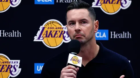 Head coach JJ Redick of the Los Angeles Lakers speaks with the media during a press conference at UCLA Health Training Center on September 25, 2024 in El Segundo, California.
