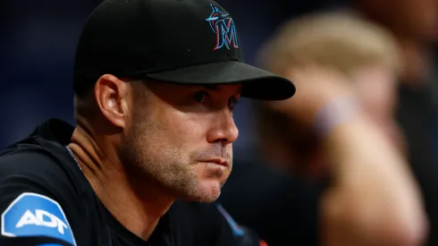  Manager Skip Schumaker #45 of the Miami Marlins looks on during the third inning against the Tampa Bay Rays at Tropicana Field.
