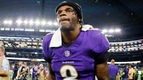 Quarterback Lamar Jackson #8 of the Baltimore Ravens leaves the field after a win against the Dallas Cowboys at AT&T Stadium on September 22, 2024 in Arlington, Texas.
