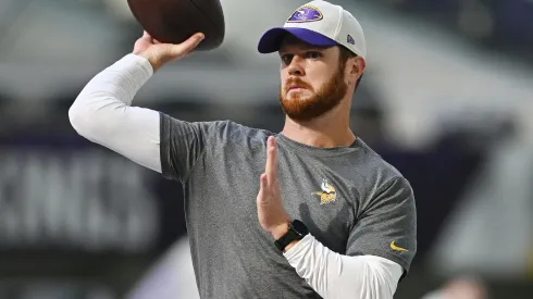 Minnesota Vikings quarterback Sam Darnold #14 warms up prior to a game against the Houston Texans at U.S. Bank Stadium on September 22, 2024 in Minneapolis, Minnesota.
