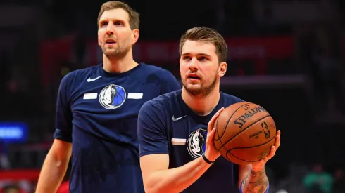 Dirk Nowitzki and Luka Doncic warm up before a NBA game between the Dallas Mavericks and the Los Angeles Clippers