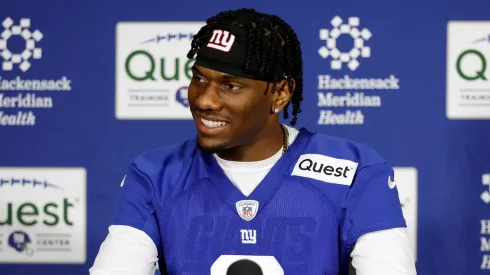 Wide receiver Malik Nabers speaks to the media during New York Giants Rookie Minicamp at Quest Diagnostics Training Center on May 10, 2024 in East Rutherford, New Jersey.