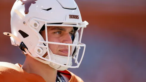 Arch Manning #16 of the Texas Longhorns warms up before the game against the Mississippi State Bulldogs at Darrell K Royal-Texas Memorial Stadium on September 28, 2024 in Austin, Texas.