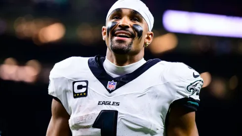 Jalen Hurts #1 of the Philadelphia Eagles celebrates a win against the New Orleans Saints at Caesars Superdome on September 22, 2024 in New Orleans, Louisiana.
