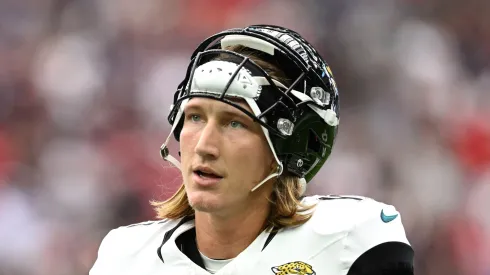 Trevor Lawrence #16 of the Jacksonville Jaguars looks on against the Houston Texans during the second half at NRG Stadium on September 29, 2024 in Houston, Texas.
