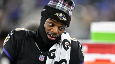 Lamar Jackson #8 of the Baltimore Ravens looks on from the sidelines during the fourth quarter against the Buffalo Bills at M&T Bank Stadium on September 29, 2024 in Baltimore, Maryland.