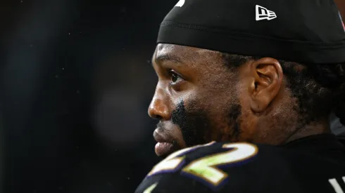 Derrick Henry #22 of the Baltimore Ravens looks on during the third quarter against the Buffalo Bills at M&T Bank Stadium on September 29, 2024 in Baltimore, Maryland.
