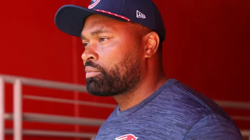 Head coach Jerod Mayo of the New England Patriots looks on before the game against the San Francisco 49ers at Levi's Stadium on September 29, 2024 in Santa Clara, California.