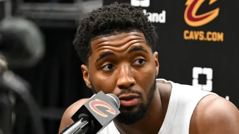 Donovan Mitchell #45 of the Cleveland Cavaliers speaks to the media during Cleveland Cavaliers Media Day at Rocket Mortgage Fieldhouse on September 30, 2024 in Cleveland, Ohio.