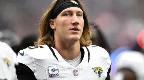 Trevor Lawrence #16 of the Jacksonville Jaguars looks on prior to a game against the Houston Texans at NRG Stadium on September 29, 2024 in Houston, Texas.
